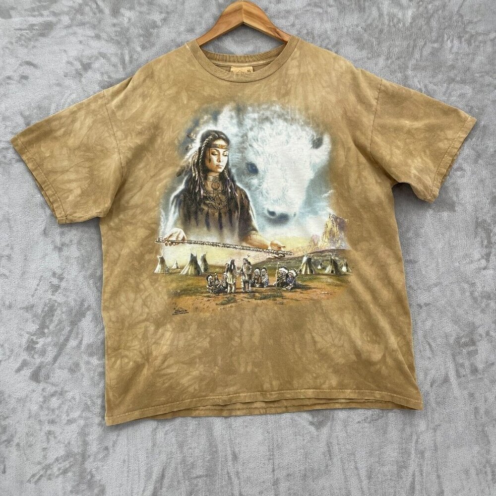 Vintage The Mountain 90s Adult XL Meiklejohn Native American Tie Dye Shirt Tan